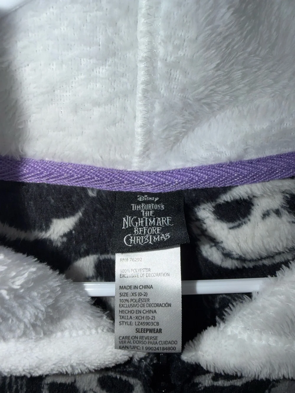 Disney The Nightmare Before Christmas Fleece Onesie - Black, White & Purple Trim - Picture 2 of 2